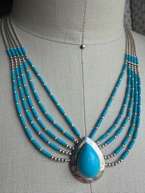 Native American S.E. Sterling Liquid Silver Turquoise Teardrop Pendant Necklace